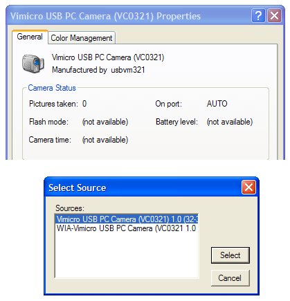 Screenshot of the properties of the webcam in Windows